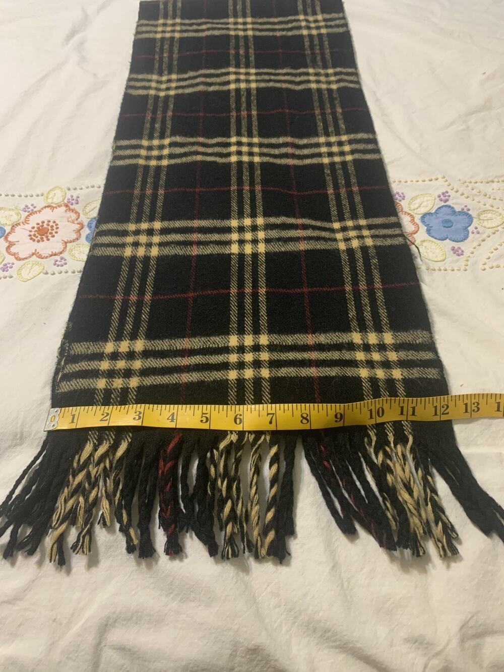 Royal Rossi Black Red Tan Plaid Fringe 100% Mongolian Cashmere Scarf 12 x 64 ”